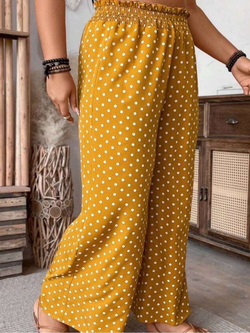 SHEIN Mustard Yellow Polka Dot Wide-Leg Pants